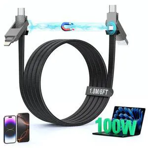 4-in-1 100W USB C Cable Lightning Charging Cable - 6FT Flat Braided Multi iPhone iPad Charger Cord with Lightning, USB-C for iPhone 15/16, Samsung, iPad, MacBook - Supports CarPlay and Android Auto 4-in-1 100W USB C Cable Lightning Charging Cable - 6FT Flat Braided Multi iPhone iPad Charger Cord with Lightning, USB-C for iPhone 15/16, Samsung, iPad, MacBook - Supports CarPlay and Android Auto