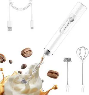 Milk Frother Hand Mixer, Rechargeable Electric Whisk, Cordless Handheld Foam Stirrer with 2 Heads 3 Speeds, For Latte, Cappuccino, Hot Chocolate, Egg, Protein Powder (White) Milk Frother Hand Mixer, Rechargeable Electric Whisk, Cordless Handheld Foam Stirrer with 2 Heads 3 Speeds, For Latte, Cappuccino, Hot Chocolate, Egg, Protein Powder (White)