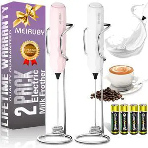 2-Pack Milk Frother Handheld with Stand, Valentines Day Gifts for Him and Her, Powerful Electric Coffee Frother, Coffee Lover Gift for Lattes, Cappuccino, Matcha & Hot Chocolate, White/Pink 2-Pack Milk Frother Handheld with Stand, Valentines Day Gifts for Him and Her, Powerful Electric Coffee Frother, Coffee Lover Gift for Lattes, Cappuccino, Matcha & Hot Chocolate, White/Pink