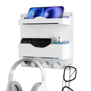 Bedside Wall Shelf with Glasses Hooks, Adhesive Bedside Organizer Wall Mount for Dorm and Room Accessories PhoneRemoteEarphone Kindle (White) Bedside Wall Shelf with Glasses Hooks, Adhesive Bedside Organizer Wall Mount for Dorm and Room Accessories PhoneRemoteEarphone Kindle (White)