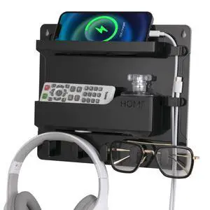 Wall Mount Shelf Organizer, Adhesive Bedside Shelf Accessories with Hooks and Cable Clips, Dorm Room Wall Storage for Phone, Remote, Earphone, Kindle, Plastic(Black) Wall Mount Shelf Organizer, Adhesive Bedside Shelf Accessories with Hooks and Cable Clips, Dorm Room Wall Storage for Phone, Remote, Earphone, Kindle, Plastic(Black)