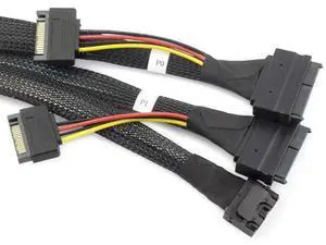 Mini SAS HD SFF8643 4i to Dual SFF8639 with SATA 15Pin Power Cable, 12Gbps HighSpeed Server Interconnect, 32AWG Copper Wire, 1M Mini SAS HD SFF8643 4i to Dual SFF8639 with SATA 15Pin Power Cable, 12Gbps HighSpeed Server Interconnect, 32AWG Copper Wire, 1M