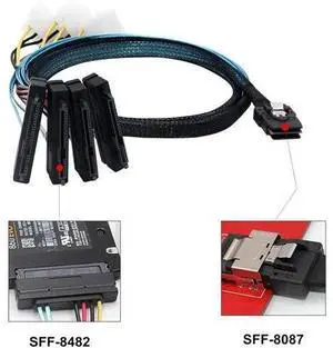 Internal Mini SAS SFF8087 to 4×29Pin SFF8482 Server Cable with SATA Power, 1M / 3.3FT Internal Mini SAS SFF8087 to 4×29Pin SFF8482 Server Cable with SATA Power, 1M / 3.3FT