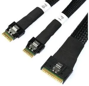 Slimline SAS SFF8654 8i to Dual SFF8654 4i Server Cable, AntiMisplug Design, 12Gbps HighSpeed 32AWG Data Cord, 10Ohm Impedance, 1M Slimline SAS SFF8654 8i to Dual SFF8654 4i Server Cable, AntiMisplug Design, 12Gbps HighSpeed 32AWG Data Cord, 10Ohm Impedance, 1M
