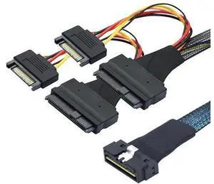 LP LowProfile SFF8654 8i 74Pin to Dual SFF8639 U.2 + 15Pin Cable, 32AWG HighSpeed Server Interconnect, 0.5M LP LowProfile SFF8654 8i 74Pin to Dual SFF8639 U.2 + 15Pin Cable, 32AWG HighSpeed Server Interconnect, 0.5M