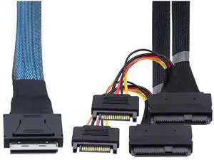OCuLink PCIe SFF8611 8X to Dual SFF8639 U.2 Cable with 15Pin SATA Power, 32AWG Copper HighSpeed Harness, 12Gbps, 1m/39.37in OCuLink PCIe SFF8611 8X to Dual SFF8639 U.2 Cable with 15Pin SATA Power, 32AWG Copper HighSpeed Harness, 12Gbps, 1m/39.37in
