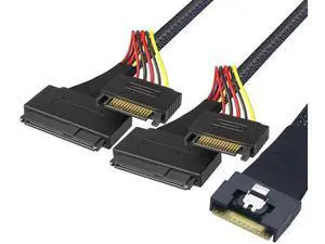 Slimline SFF8654 8i to Dual SFF8639 U.2 with 15Pin Power Cable, 24Gbps HighSpeed Server Interconnect, 85Ohm Copper Wire, 0.8M Slimline SFF8654 8i to Dual SFF8639 U.2 with 15Pin Power Cable, 24Gbps HighSpeed Server Interconnect, 85Ohm Copper Wire, 0.8M