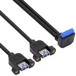 5Gbps 19/20Pin Motherboard Header to USB 3.0 Dual Ports Female Screw Mount Type Extension Cable 90 Degree Down Angled 5Gbps 19/20Pin Motherboard Header to USB 3.0 Dual Ports Female Screw Mount Type Extension Cable 90 Degree Down Angled
