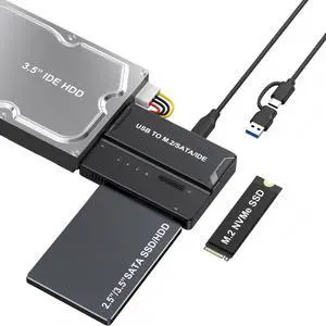 3 in 1 USB A/C to M.2 NVMe/IDE/SATA Hard Drive Docking Station for M.2 NVMe SSD, 3.5" IDE and 2.5/3.5" SATA SSD/HDD(Note: Requires a DC 12V/2A Power Supply (not Included) 3 in 1 USB A/C to M.2 NVMe/IDE/SATA Hard Drive Docking Station for M.2 NVMe SSD, 3.5" IDE and 2.5/3.5" SATA SSD/HDD(Note: Requires a DC 12V/2A Power Supply (not Included)