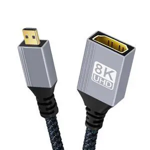 8K HDMI 2.1 Cable,Micro HDMI Male to HDMI Female 8K@60Hz 4K@120Hz 48Gbps Ultra High Speed Gold Plated Braided Cable 17CM/0.55FT for TV, Monitor, Computer 8K HDMI 2.1 Cable,Micro HDMI Male to HDMI Female 8K@60Hz 4K@120Hz 48Gbps Ultra High Speed Gold Plated Braided Cable 17CM/0.55FT for TV, Monitor, Computer