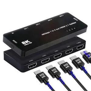 4 Port HDMI 2.1 Splitter 8K@60Hz 4K@120Hz Distribute 1 in/Signal to 4 Out/Screens, Support HDCP Stack Connection with 3.5mm Audio for PS5 4 Port HDMI 2.1 Splitter 8K@60Hz 4K@120Hz Distribute 1 in/Signal to 4 Out/Screens, Support HDCP Stack Connection with 3.5mm Audio for PS5