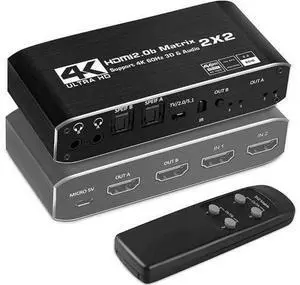 Matrix 2x2, 4K@60Hz HDMI Matrix Switcher 2 in 2 Out with Optical & L/R Audio Ext Matrix 2x2, 4K@60Hz HDMI Matrix Switcher 2 in 2 Out with Optical & L/R Audio Ext