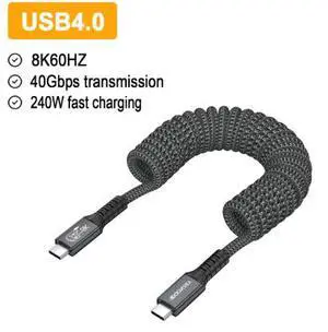USB4 Type-C to Type-C Spring Cable, 40Gbps Data Transfer USB-C Cable with PD 240W Fast Charging 8K@60Hz Video Support Thunderbolt 4 Compatible Braided Cord USB4 Type-C to Type-C Spring Cable, 40Gbps Data Transfer USB-C Cable with PD 240W Fast Charging 8K@60Hz Video Support Thunderbolt 4 Compatible Braided Cord
