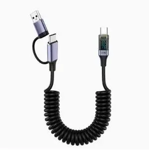 USB-C to USB-C Coiled Cable with LED Digital Display, 100W PD Fast Charging Cable, Smart Charging Data Cable, Spring Type-C Cable for Laptop and Mobile Devices USB-C to USB-C Coiled Cable with LED Digital Display, 100W PD Fast Charging Cable, Smart Charging Data Cable, Spring Type-C Cable for Laptop and Mobile Devices
