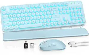 Wireless Keyboard and Mouse Combo, Backlit Round Keycaps, Retro Typewriter Keyboard with Detachable Wrist Rest, Rechargeable & Tilt Legs, 2.4GHz Cordless Connection for Windows/PC (Glowing Blue) Wireless Keyboard and Mouse Combo, Backlit Round Keycaps, Retro Typewriter Keyboard with Detachable Wrist Rest, Rechargeable & Tilt Legs, 2.4GHz Cordless Connection for Windows/PC (Glowing Blue)