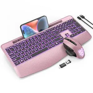 Wireless Keyboard and Mouse Backlits, Wrist Rest, LED Mouse, Rechargeable Ergonomic Keyboard with Phone Holder, Silent Light Up Combo for Computer, Mac, PC, Laptop, Chromebook (Rose Gold) Wireless Keyboard and Mouse Backlits, Wrist Rest, LED Mouse, Rechargeable Ergonomic Keyboard with Phone Holder, Silent Light Up Combo for Computer, Mac, PC, Laptop, Chromebook (Rose Gold)