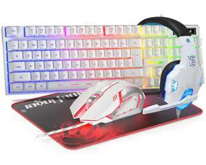 RGB Gaming Keyboard and Backlit Mouse and Headset Combo, USB Wired Backlit Keyboard, LED Gaming Mouse Set, Headset with Microphone for Laptop PC Computer Game and Work, White RGB Gaming Keyboard and Backlit Mouse and Headset Combo, USB Wired Backlit Keyboard, LED Gaming Mouse Set, Headset with Microphone for Laptop PC Computer Game and Work, White