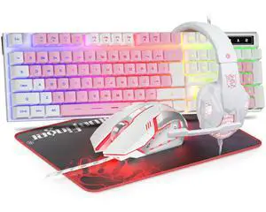 RGB Gaming Keyboard and Backlit Mouse and Headset Combo, USB Wired Backlit Keyboard, LED Gaming Mouse Set, Headset with Microphone for Laptop PC Computer Game and Work (White & Pink) RGB Gaming Keyboard and Backlit Mouse and Headset Combo, USB Wired Backlit Keyboard, LED Gaming Mouse Set, Headset with Microphone for Laptop PC Computer Game and Work (White & Pink)
