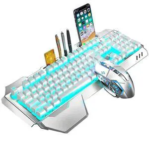 Wireless Keyboard and Mouse, Blue LED Backlit Rechargeable Keyboard with 3800mAh Battery, Metal Panel, Removable Hand Rest Mechanical Feel, 7 Color Gaming Mute Mouse for PC Gamers Wireless Keyboard and Mouse, Blue LED Backlit Rechargeable Keyboard with 3800mAh Battery, Metal Panel, Removable Hand Rest Mechanical Feel, 7 Color Gaming Mute Mouse for PC Gamers