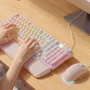 Wired Keyboard and Mouse Combo with Detachable Wrist Rest, Quiet Ergonomic Keyboard Mouse Set with Multimedia Knob, RGB Backlit, Double-Shot Keycaps Natural Typing for Laptop, PC - Peach Wired Keyboard and Mouse Combo with Detachable Wrist Rest, Quiet Ergonomic Keyboard Mouse Set with Multimedia Knob, RGB Backlit, Double-Shot Keycaps Natural Typing for Laptop, PC - Peach