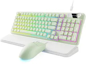 Wired Keyboard and Mouse Combo with Detachable Wrist Rest, Quiet Ergonomic Keyboard Mouse Set with Multimedia Knob, RGB Backlit, Double-Shot Keycaps Natural Typing for Laptop, PC - Green Wired Keyboard and Mouse Combo with Detachable Wrist Rest, Quiet Ergonomic Keyboard Mouse Set with Multimedia Knob, RGB Backlit, Double-Shot Keycaps Natural Typing for Laptop, PC - Green