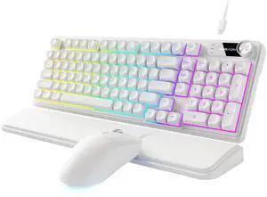 Wired Keyboard and Mouse Combo with Detachable Wrist Rest, Quiet Ergonomic Keyboard Mouse Set with Multimedia Knob, RGB Backlit, Double-Shot Keycaps Natural Typing for Laptop, PC - White Wired Keyboard and Mouse Combo with Detachable Wrist Rest, Quiet Ergonomic Keyboard Mouse Set with Multimedia Knob, RGB Backlit, Double-Shot Keycaps Natural Typing for Laptop, PC - White