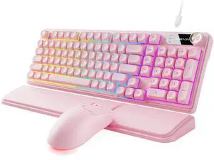 Wired Keyboard and Mouse Combo with Detachable Wrist Rest, Quiet Ergonomic Keyboard Mouse Set with Multimedia Knob, RGB Backlit, Double-Shot Keycaps Natural Typing for Laptop, PC - Pink Wired Keyboard and Mouse Combo with Detachable Wrist Rest, Quiet Ergonomic Keyboard Mouse Set with Multimedia Knob, RGB Backlit, Double-Shot Keycaps Natural Typing for Laptop, PC - Pink