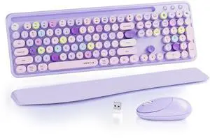 Ergonomic Wireless Keyboard and Mouse Combo with Phone Holder Wrist Rest, Round Colorful Keys, Power Switches, 2.4GHz USB Receiver, Full-Size QWERTY Layout for PC Laptop (Purple Colorful) Ergonomic Wireless Keyboard and Mouse Combo with Phone Holder Wrist Rest, Round Colorful Keys, Power Switches, 2.4GHz USB Receiver, Full-Size QWERTY Layout for PC Laptop (Purple Colorful)
