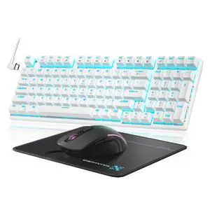 Mechanical Gaming Keyboard and Mouse, 98 Keys LED Backlit Keyboard with Floating Keycap, Ergonomic RGB Gaming Mouse with Mouse Pad Combo, Full Anti-Ghost Wired Keyboard for PC Laptop Gamer, White Mechanical Gaming Keyboard and Mouse, 98 Keys LED Backlit Keyboard with Floating Keycap, Ergonomic RGB Gaming Mouse with Mouse Pad Combo, Full Anti-Ghost Wired Keyboard for PC Laptop Gamer, White