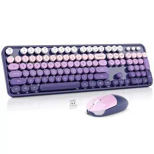 Wireless Keyboard and Mouse Combo, Full Size Typewriter Retro Round Computer Keyboard, Cute Optical Mouse Wireless, Plug and Play, for Laptop, PC, Computer- Purple Gradient Wireless Keyboard and Mouse Combo, Full Size Typewriter Retro Round Computer Keyboard, Cute Optical Mouse Wireless, Plug and Play, for Laptop, PC, Computer- Purple Gradient