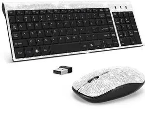 Dazzling Luxury Cute Keyboard and Mouse Wireless, Sparkly Bling Rhinestone Wireless Mouse and Keyboard Gift Set (Silver) Dazzling Luxury Cute Keyboard and Mouse Wireless, Sparkly Bling Rhinestone Wireless Mouse and Keyboard Gift Set (Silver)