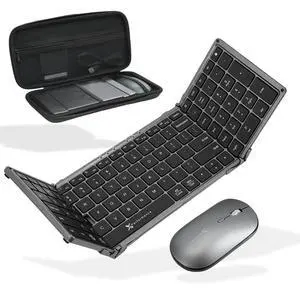 Foldable Keyboard and Mouse Wireless - (BT + 2.4Ghz) - Carrying Case, Phone Stand, Full Sized 106 Keys - Portable Travel Keyboard and Mouse Set for Laptop and Desktop - Space Gray Foldable Keyboard and Mouse Wireless - (BT + 2.4Ghz) - Carrying Case, Phone Stand, Full Sized 106 Keys - Portable Travel Keyboard and Mouse Set for Laptop and Desktop - Space Gray