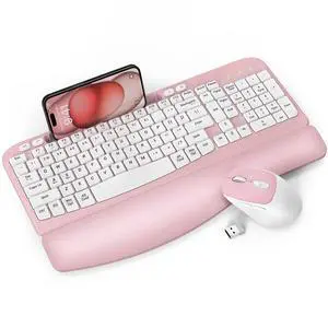 Wireless Keyboard and Mouse Combo, Full-Sized Ergonomic Wave Keys Keyboard with Memory Foam Wrist Rest & Phone Holder, 2.4G Quiet Keyboard Mouse Work Setup for PC Laptop, Office or Home (Pink) Wireless Keyboard and Mouse Combo, Full-Sized Ergonomic Wave Keys Keyboard with Memory Foam Wrist Rest & Phone Holder, 2.4G Quiet Keyboard Mouse Work Setup for PC Laptop, Office or Home (Pink)