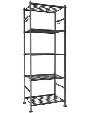 Storage Shelves - 5-Tier Large Capacity Shelf Organizer with Hooks, Heavy-Duty Garage Shelving with Leveling Feet, Wobble-Free Rack for Bedroom, Balcony, Garage, 18.1"×12.4"×56.8", Black Storage Shelves - 5-Tier Large Capacity Shelf Organizer with Hooks, Heavy-Duty Garage Shelving with Leveling Feet, Wobble-Free Rack for Bedroom, Balcony, Garage, 18.1"×12.4"×56.8", Black