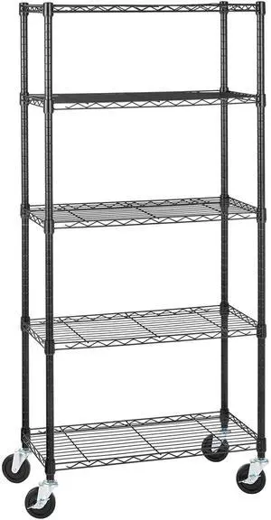 5-Shelf Heavy Duty Garage Shelving Storage Rack with 4" Wheel Casters, Adjustable Metal Wire Organizer, 300 lbs Per Shelf, 30" x 14" x 64.75", Black 5-Shelf Heavy Duty Garage Shelving Storage Rack with 4" Wheel Casters, Adjustable Metal Wire Organizer, 300 lbs Per Shelf, 30" x 14" x 64.75", Black