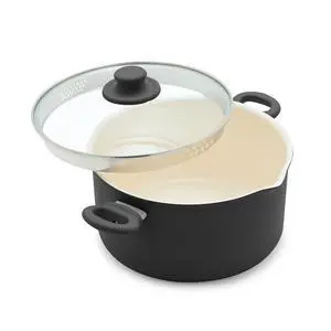 6QT Ceramic Nonstick Stockpot with Glass Straining Lid, PFAS-Free, Dishwasher Safe, Stay-Cool Handles, Oven Safe to 350°F, Wobble-Free Base, Even Heating, Black 6QT Ceramic Nonstick Stockpot with Glass Straining Lid, PFAS-Free, Dishwasher Safe, Stay-Cool Handles, Oven Safe to 350°F, Wobble-Free Base, Even Heating, Black