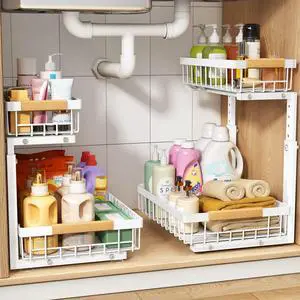 Under Sink Organizer, Adjustable Height, 2 Tier Pull Out Under Cabinet Organizer, Slide Out Thickened Metal Under Sink Storage for Kitchen Bathroom Laundry Pantry Cabinet, White, Large-2-Pack Under Sink Organizer, Adjustable Height, 2 Tier Pull Out Under Cabinet Organizer, Slide Out Thickened Metal Under Sink Storage for Kitchen Bathroom Laundry Pantry Cabinet, White, Large-2-Pack
