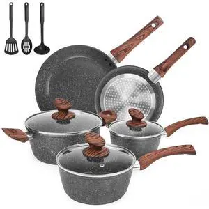 Granite Pots and Pans Set Non Stick, 11 Piece Die-Cast Induction Cookware Set, Nonstick Kitchen Cooking Set w/Frying Pans & Saucepans, PFOA Free Granite Pots and Pans Set Non Stick, 11 Piece Die-Cast Induction Cookware Set, Nonstick Kitchen Cooking Set w/Frying Pans & Saucepans, PFOA Free
