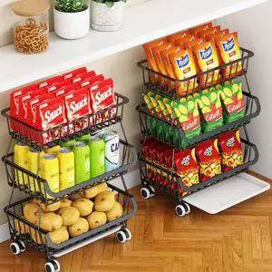 3-Tier Rolling Pantry Cart with Wheels, Stackable Wire Storage Floor Organizer for Kitchen Pantry Snack Shelves, Fruit Basket Stand, Vegetable Storage Rack for Food Snacks Onion Potato 3-Tier Rolling Pantry Cart with Wheels, Stackable Wire Storage Floor Organizer for Kitchen Pantry Snack Shelves, Fruit Basket Stand, Vegetable Storage Rack for Food Snacks Onion Potato