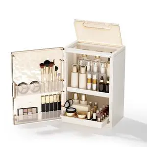 Makeup Organizer with Drawers and Lid, Large Skincare Organizer for Vanity, Dustproof Cosmetic Organizer and Makeup Storage Box with Brush Holder for Dresser, Bathroom Countertop Makeup Organizer with Drawers and Lid, Large Skincare Organizer for Vanity, Dustproof Cosmetic Organizer and Makeup Storage Box with Brush Holder for Dresser, Bathroom Countertop