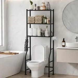 3-Tier Over Toilet Storage with Anti-Tilt Safety System - 150lb Total Capacity Metal Bathroom Shelves Including Paper Holder & 4 Hooks, Space Saving Above Commode Organizer (64" H, Black) 3-Tier Over Toilet Storage with Anti-Tilt Safety System - 150lb Total Capacity Metal Bathroom Shelves Including Paper Holder & 4 Hooks, Space Saving Above Commode Organizer (64" H, Black)