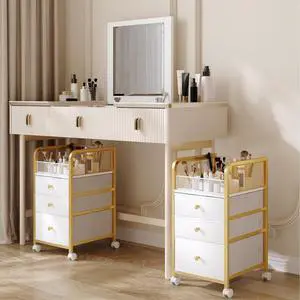 Rolling Makeup Organizer Cart with 3 Drawers, Under Desk Vanity Makeup Storage Cart, Bathroom Storage Cart Cosmetic Display Cases Cabinet for Nail Polish, Brushes & Hair Tools, Gold Rolling Makeup Organizer Cart with 3 Drawers, Under Desk Vanity Makeup Storage Cart, Bathroom Storage Cart Cosmetic Display Cases Cabinet for Nail Polish, Brushes & Hair Tools, Gold