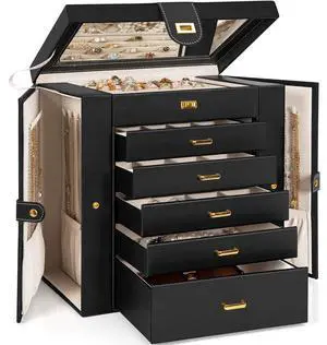 6-Tier Jewelry Box Organizer Functional 5 Drawers Leather Jewelry Storage Case for Women Girls Ring Necklace Earring Bracelet Holder Organizer with Mirror Extra Large Black 6-Tier Jewelry Box Organizer Functional 5 Drawers Leather Jewelry Storage Case for Women Girls Ring Necklace Earring Bracelet Holder Organizer with Mirror Extra Large Black