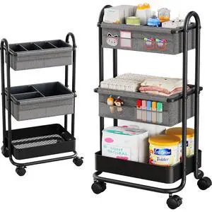 3 Tier Rolling Storage Cart with Wheels, Baby Essentials for Nursery Storage, Detachable Dividers - for Crib, Bedroom, Art & Craft Organizer (Black) 3 Tier Rolling Storage Cart with Wheels, Baby Essentials for Nursery Storage, Detachable Dividers - for Crib, Bedroom, Art & Craft Organizer (Black)