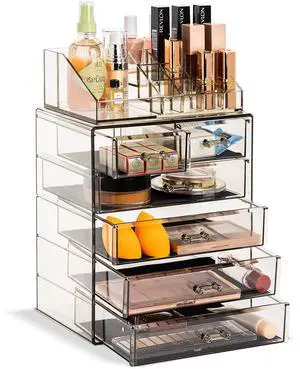 Acrylic Makeup Organizer Set, 6-Drawer Vanity & Countertop Cosmetic Storage with Small & Wide Compartments, Black-Tint Makeup Storage for Brushes, Jewelry Holiday Gift for Women & Teens Acrylic Makeup Organizer Set, 6-Drawer Vanity & Countertop Cosmetic Storage with Small & Wide Compartments, Black-Tint Makeup Storage for Brushes, Jewelry Holiday Gift for Women & Teens