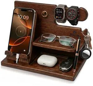 Wood Phone Docking Station for Men - Desk or Nightstand Organizer - Birthday Gifts for Husband, Dad - Anniversary Idea from Wife - Key Holder, Stand Wallet, Watch & Essentials (Bourbon Brown) Wood Phone Docking Station for Men - Desk or Nightstand Organizer - Birthday Gifts for Husband, Dad - Anniversary Idea from Wife - Key Holder, Stand Wallet, Watch & Essentials (Bourbon Brown)