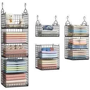 5 Tier Closet Hanging Organizer and Storage Separable Hanging Closet Shelves with 4 Hooks 2 Adjustable Dividers, Wire Storage Basket Bins for Clothing Sweaters Socks Dolls Handbags, Foldable 5 Tier Closet Hanging Organizer and Storage Separable Hanging Closet Shelves with 4 Hooks 2 Adjustable Dividers, Wire Storage Basket Bins for Clothing Sweaters Socks Dolls Handbags, Foldable