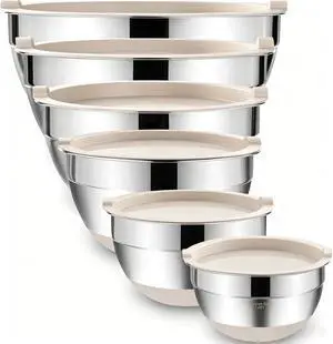 Mixing Bowls with Airtight Lids, 6 piece Stainless Steel Metal Nesting Storage Bowls, Non-Slip Bottoms Size 7, 3.5, 2.5, 2.0,1.5, 1QT, Great for Mixing & Serving (Khaki) Mixing Bowls with Airtight Lids, 6 piece Stainless Steel Metal Nesting Storage Bowls, Non-Slip Bottoms Size 7, 3.5, 2.5, 2.0,1.5, 1QT, Great for Mixing & Serving (Khaki)