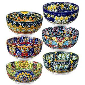 Cereal Bowls Set of 6, Bohemian Ceramic Soup Bowls, 28 oz Colorful Bowls Set for Kitchen, Dishwasher & Microwave Safe for Salad, Pasta, Rice, Oatmeal, Fruit Cereal Bowls Set of 6, Bohemian Ceramic Soup Bowls, 28 oz Colorful Bowls Set for Kitchen, Dishwasher & Microwave Safe for Salad, Pasta, Rice, Oatmeal, Fruit