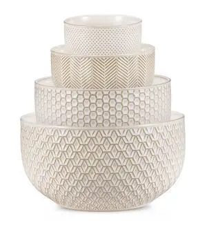 Ceramic Mixing Bowls, Nesting Set of 4, Embossed Kitchen Dishware, Prep, Serving, Gift, Microwave and Dishwasher Safe, 20/44/98/145 oz, Narbonne Collection (Ivory) Ceramic Mixing Bowls, Nesting Set of 4, Embossed Kitchen Dishware, Prep, Serving, Gift, Microwave and Dishwasher Safe, 20/44/98/145 oz, Narbonne Collection (Ivory)